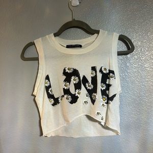 Women’s white black yellow flowers sleeveless graphic crop top shirt size small